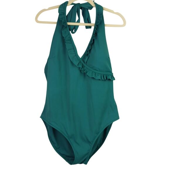 Boden Women's SZ 14 Ruffle Halterneck One Piece Swimsuit Green - Picture 2 of 6